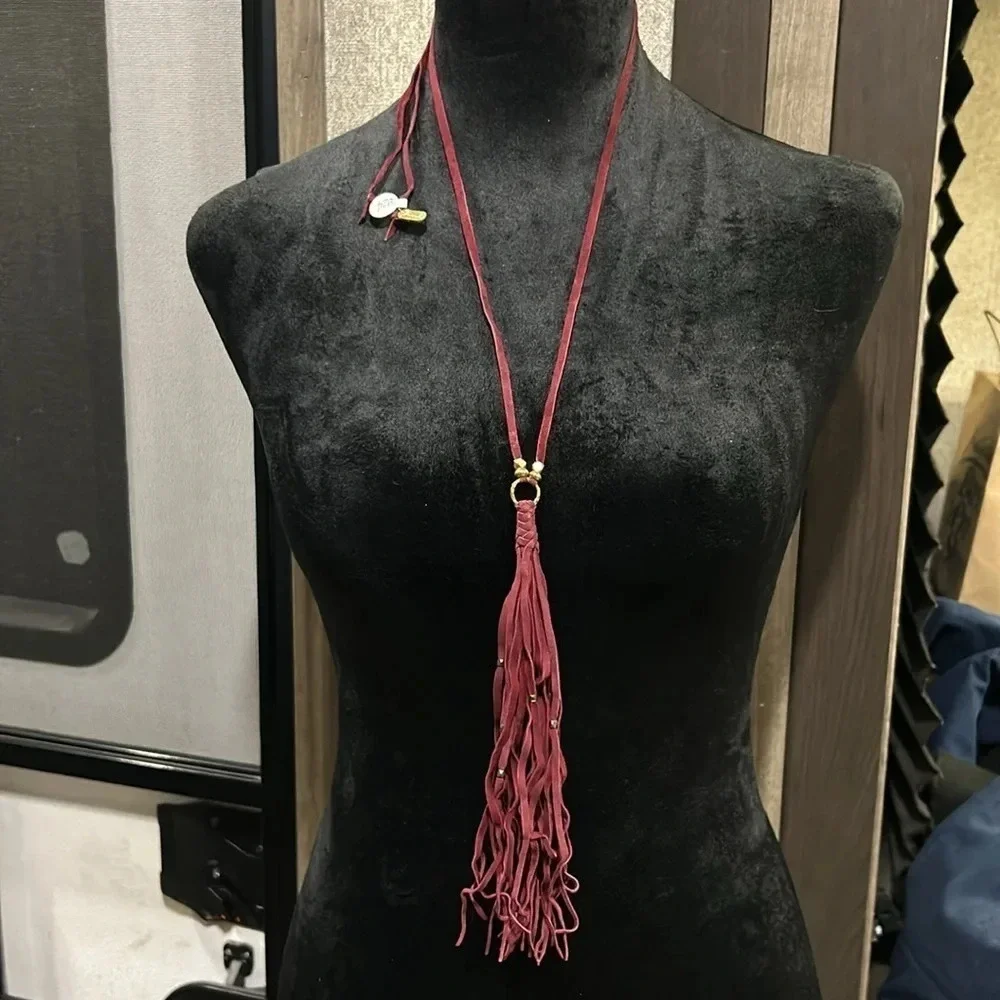 Handmade Faux Maroon Suede &‎ Gold Bead Long Tassel Necklace NWT